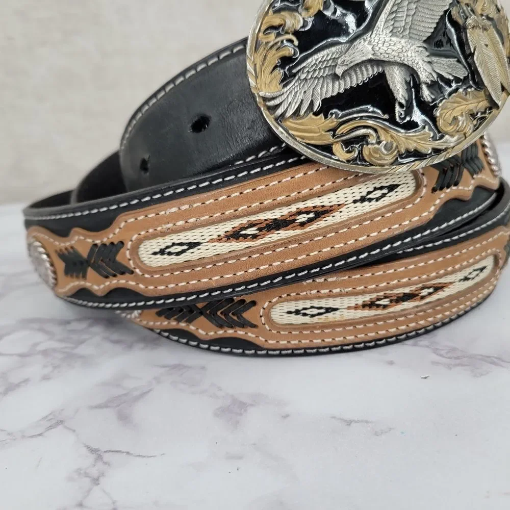 Siskiyou Eagle Oval Belt Buckle and Size 46 Leather Western Belt Cowboy